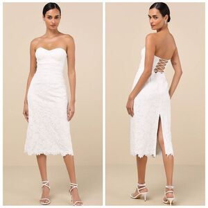 Lulus Aramis White Embroidered Lace Strapless Bustier Midi Dress Size Medium NEW